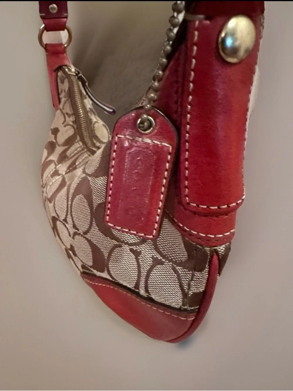 Coach Tan Signature Canvas Hobo with Red Leather Trim Rare Vintage Y2K